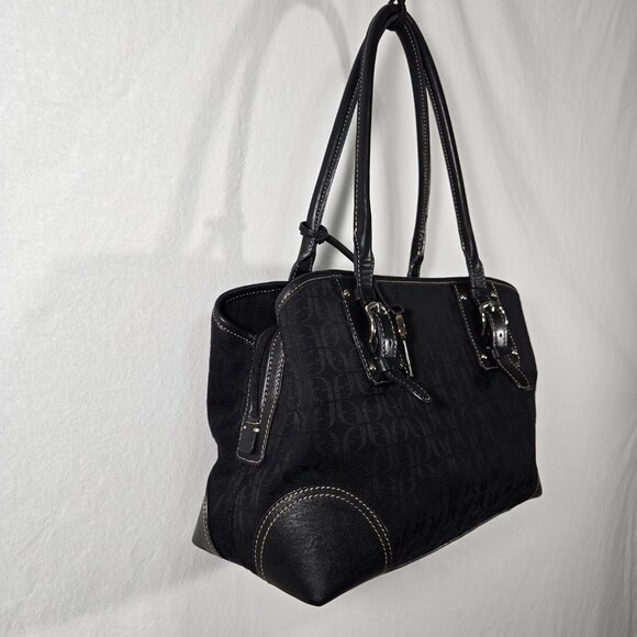 Vintage FOSSIL Y2K Whimsigoth BLACK Signature Canvas Leather Trim Shoulder Bag. - Picture 3 of 17